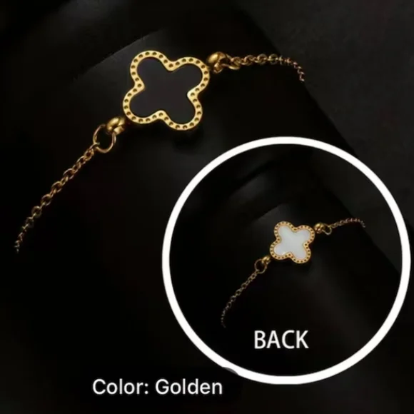 18K Gold Plated, Black / White,Four-leaf Clover Bracelet. - Picture 1 of 5